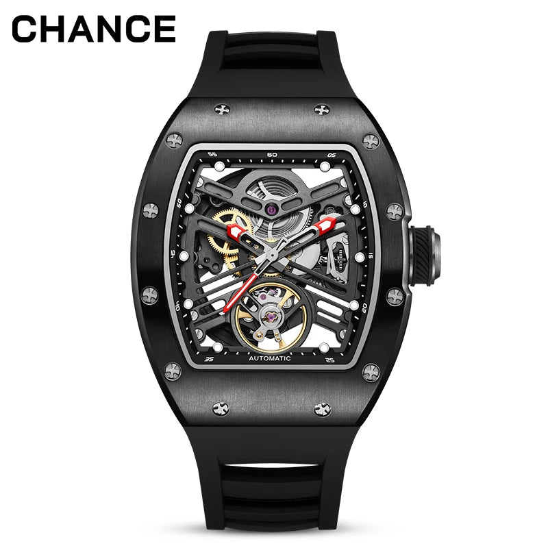 Men's Automatic Watch Tonneau Case Open Heart Rose Gold Black Two Tone Silicone Strap