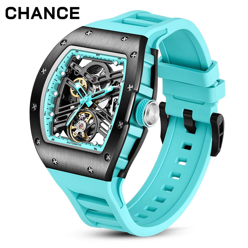 Men's Automatic Watch Tonneau Case Open Heart Rose Gold Black Two Tone Silicone Strap