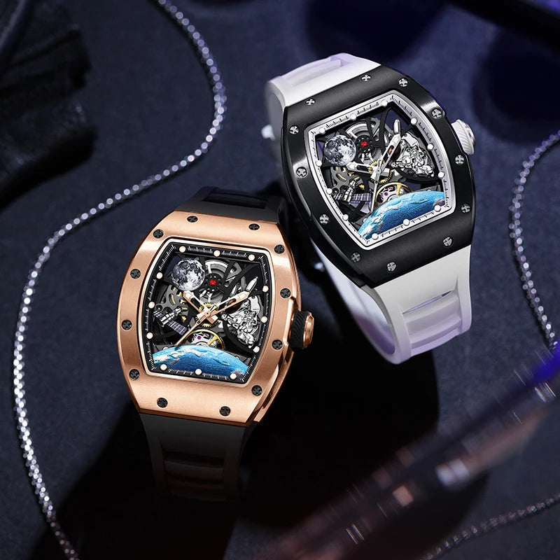 Men's Automatic Mechanical Watch Barrel Case Dial Space Theme Moon Earth Astronaut Silicone Strap Waterproof Luxury