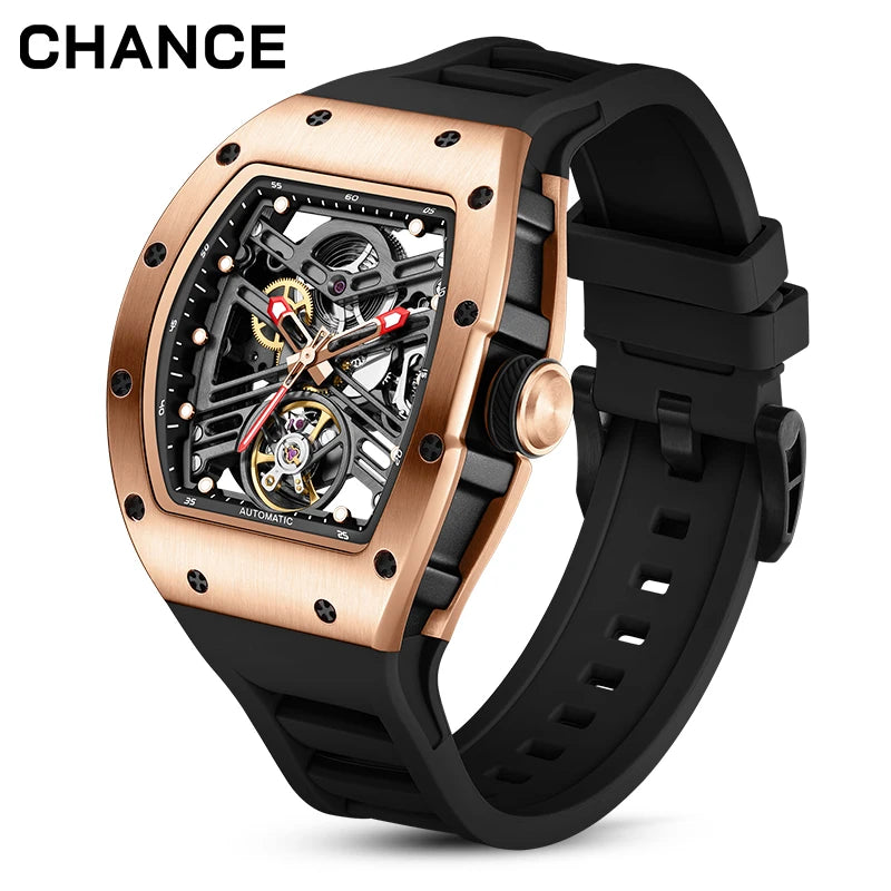 Men's Automatic Watch Tonneau Case Open Heart Rose Gold Black Two Tone Silicone Strap