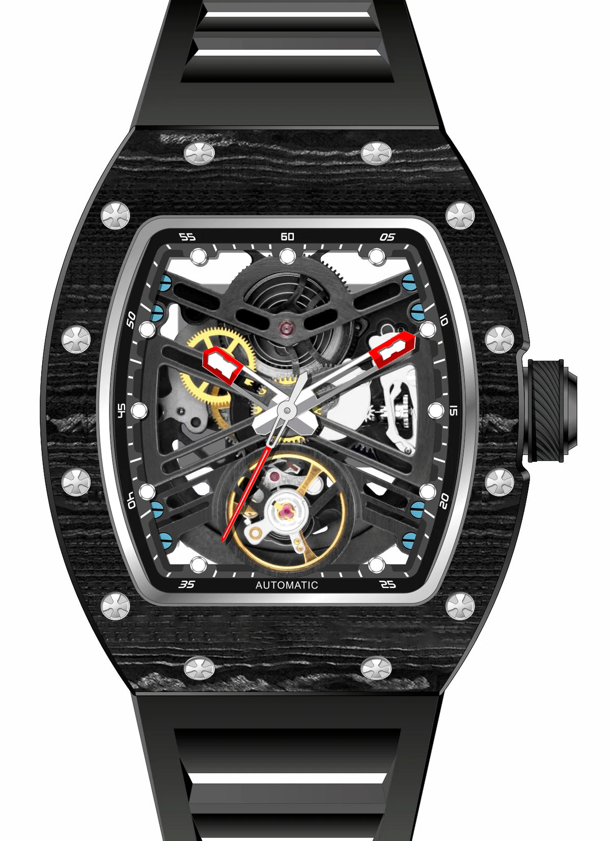 Men's Automatic Watch Tonneau Case Open Heart Rose Gold Black Two Tone Silicone Strap