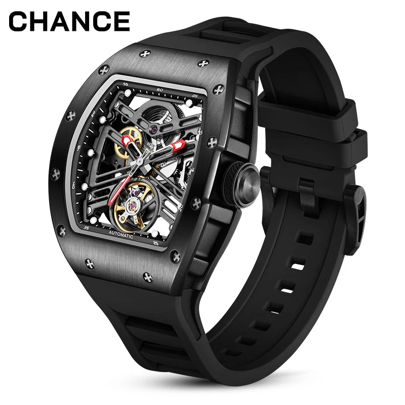 Men's Automatic Watch Tonneau Case Open Heart Rose Gold Black Two Tone Silicone Strap