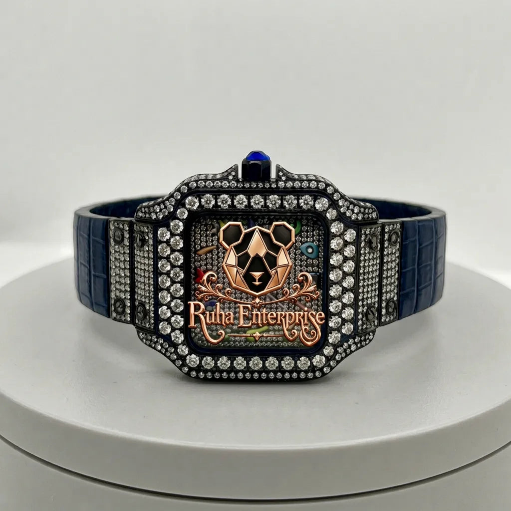 Luxury Square Stainless Steel Watch with Rhinestone Dial Analog Quartz Men's Bust Down Moissanite Watch