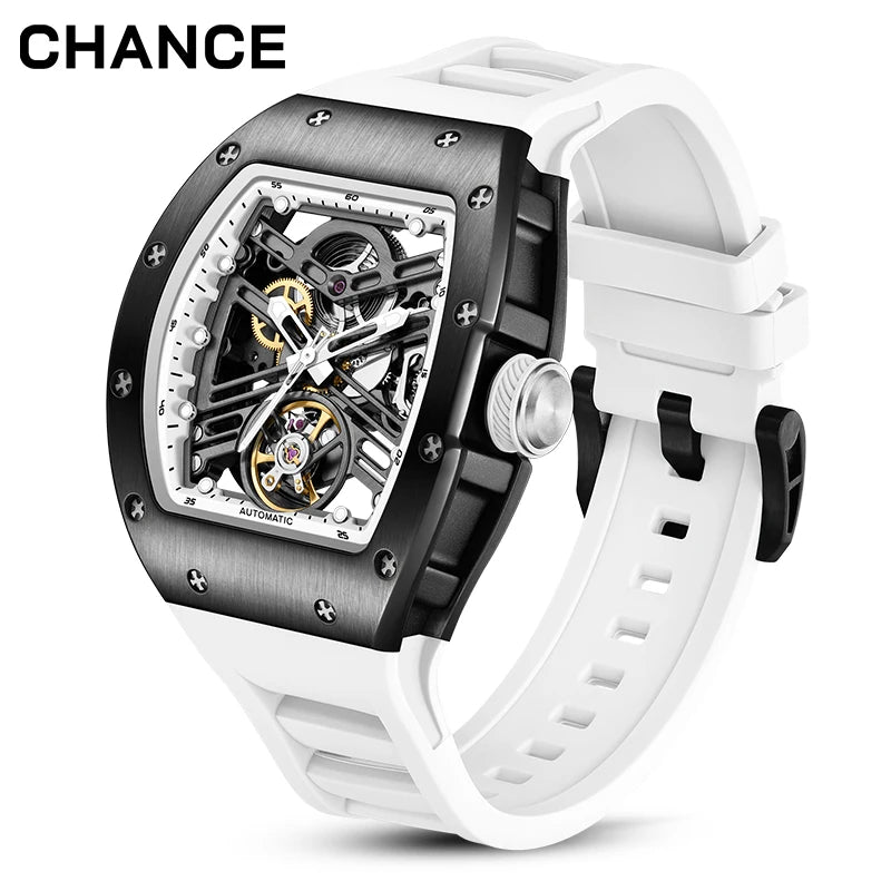 Men's Automatic Watch Tonneau Case Open Heart Rose Gold Black Two Tone Silicone Strap