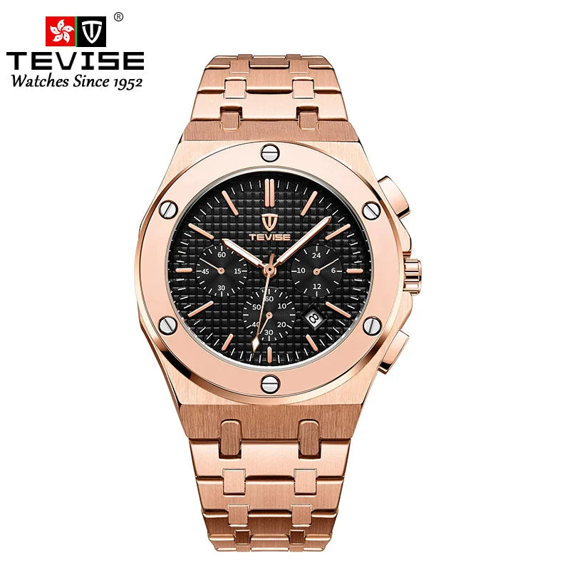 TEVISE Men's Stainless Steel Strap Chronograph Quartz Watches Water Resistant Auto Date Silver Watch