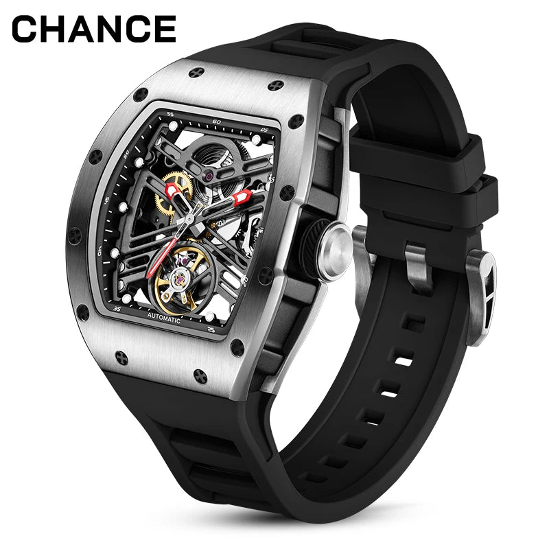 Men's Automatic Watch Tonneau Case Open Heart Rose Gold Black Two Tone Silicone Strap
