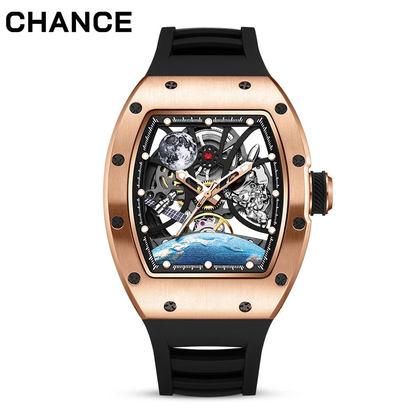 Men's Automatic Mechanical Watch Barrel Case Dial Space Theme Moon Earth Astronaut Silicone Strap Waterproof Luxury
