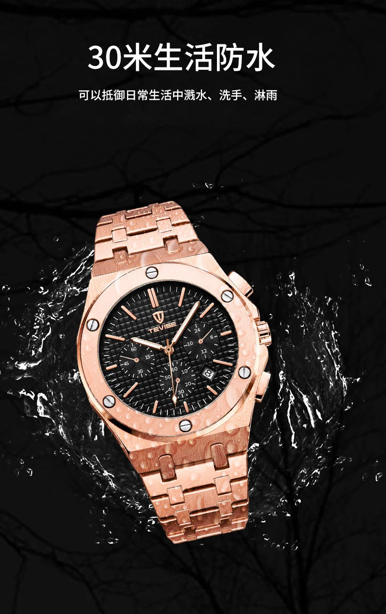 TEVISE T830B Men's Stainless Steel Strap Chronograph Quartz Watch Water Resistant