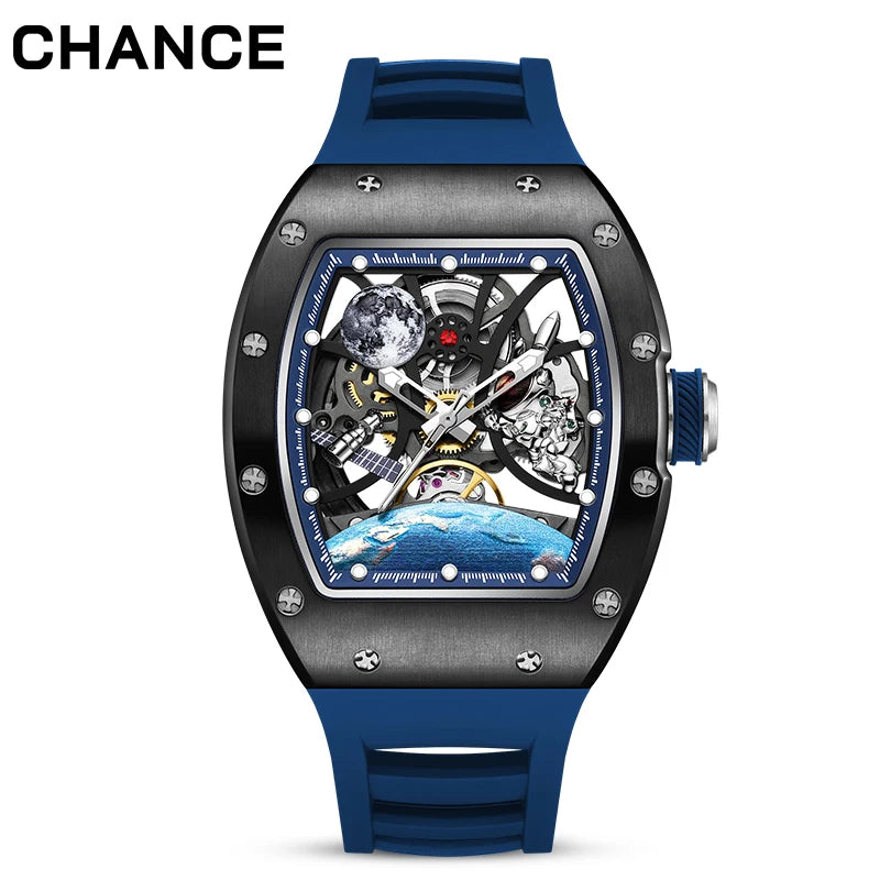Men's Luxury Mechanical Watch Square Case Open Heart Black Blue Two Tone Rubber Strap Alarm Earth Detail Sport