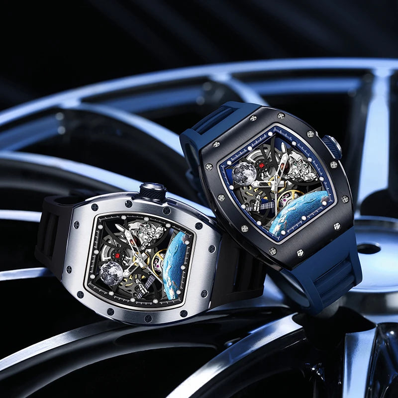 Men's Luxury Mechanical Watch Square Case Open Heart Black Blue Two Tone Rubber Strap Alarm Earth Detail Sport