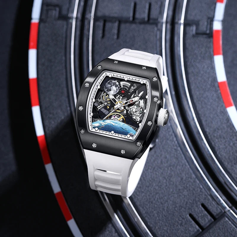 Men's Automatic Mechanical Watch Barrel Case Dial Space Theme Moon Earth Astronaut Silicone Strap Waterproof Luxury