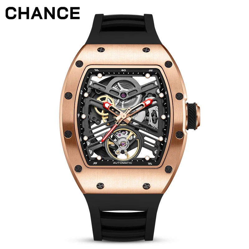 Men's Automatic Watch Tonneau Case Open Heart Rose Gold Black Two Tone Silicone Strap