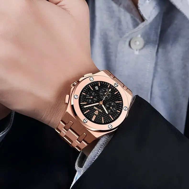 TEVISE Men's Stainless Steel Strap Chronograph Quartz Watches Water Resistant Auto Date Silver Watch
