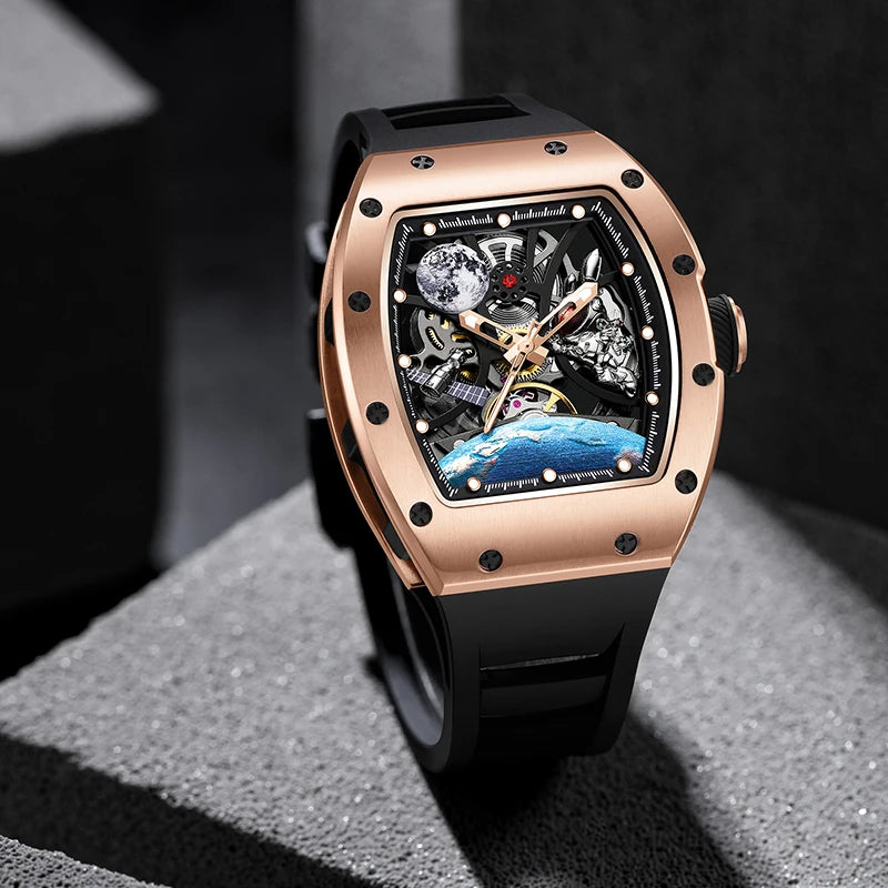 Men's Automatic Mechanical Watch Barrel Case Dial Space Theme Moon Earth Astronaut Silicone Strap Waterproof Luxury