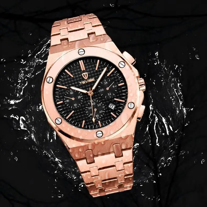 TEVISE Men's Stainless Steel Strap Chronograph Quartz Watches Water Resistant Auto Date Silver Watch