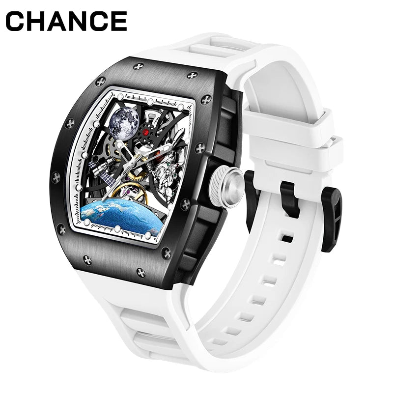 Men's Automatic Mechanical Watch Barrel Case Dial Space Theme Moon Earth Astronaut Silicone Strap Waterproof Luxury