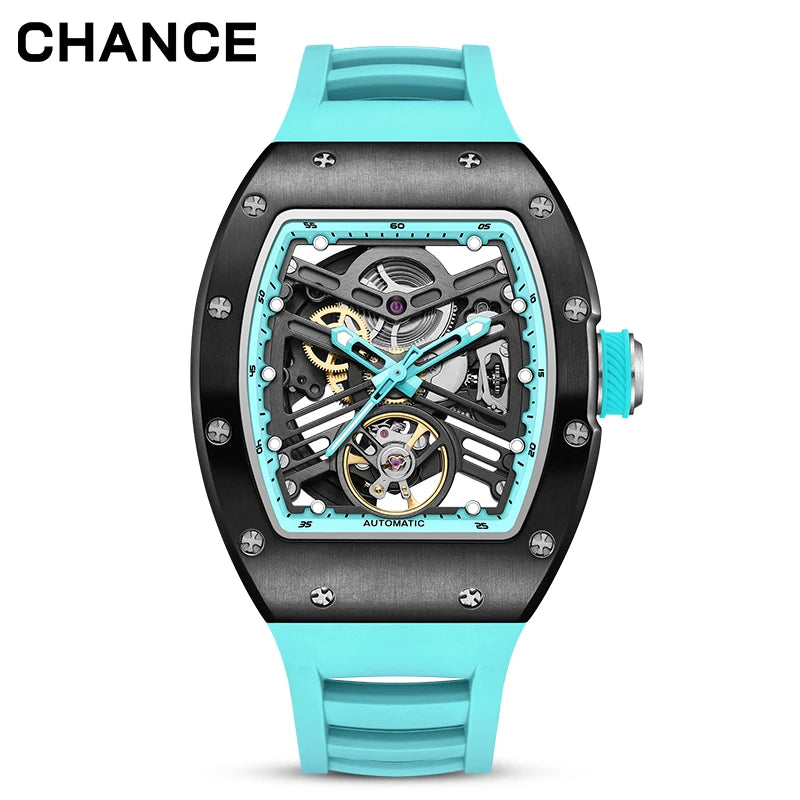 Men's Automatic Watch Tonneau Case Open Heart Rose Gold Black Two Tone Silicone Strap