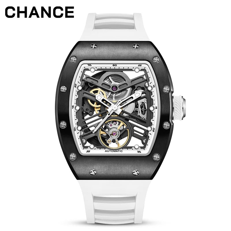 Men's Automatic Watch Tonneau Case Open Heart Rose Gold Black Two Tone Silicone Strap
