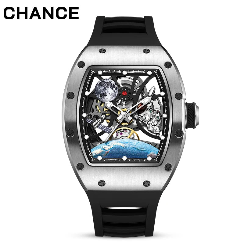 Men's Luxury Mechanical Watch Square Case Open Heart Black Blue Two Tone Rubber Strap Alarm Earth Detail Sport