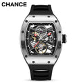 Men's Automatic Watch Tonneau Case Open Heart Rose Gold Black Two Tone Silicone Strap