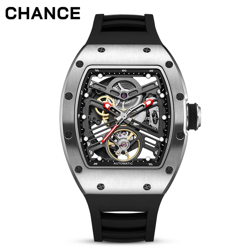 Men's Automatic Watch Tonneau Case Open Heart Rose Gold Black Two Tone Silicone Strap