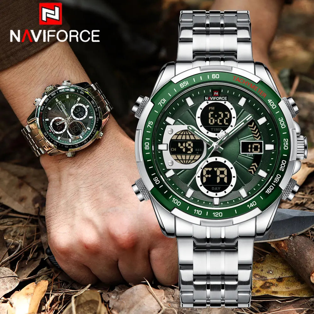 NAVIFORCE 9197  Classic Men's Watch Quartz Digital Military Sport Silver Stainless Steel Wristwatch