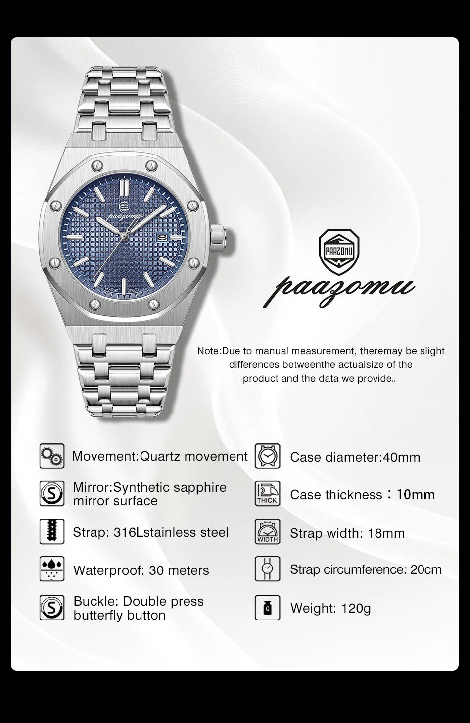 PAAZOMU Luxury  Man watch Sport Men Watches Waterproof Luminous Date Week Stainless Steel