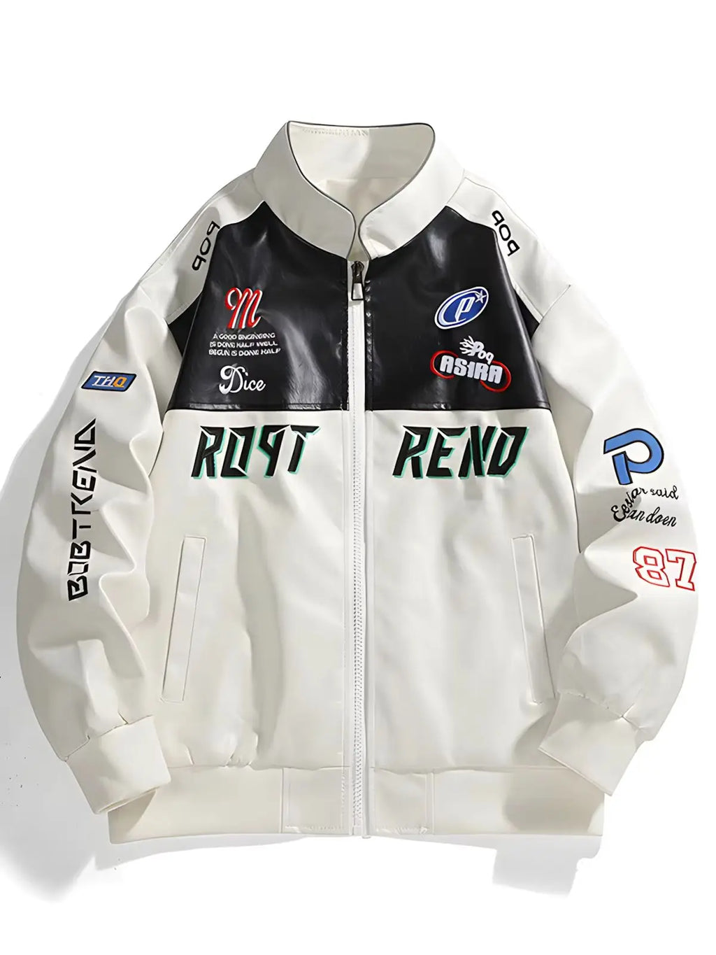 Men's retro racing style PU leather jacket Color blocking patchwork badge pattern stand up collar loose fit Motorcycle Street