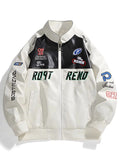 Men's retro racing style PU leather jacket Color blocking patchwork badge pattern stand up collar loose fit Motorcycle Street