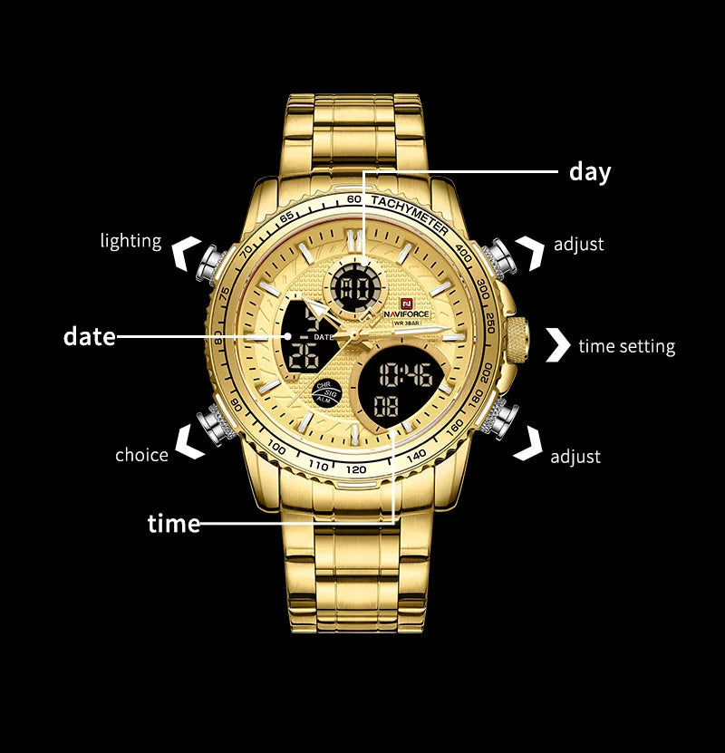 NAVIFORCE  Watch Men Stainless Steel Sport Male Clock Digital Quartz Army Waterproof Wristwatch