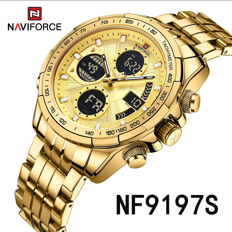 NAVIFORCE 9197  Classic Men's Watch Quartz Digital Military Sport Silver Stainless Steel Wristwatch