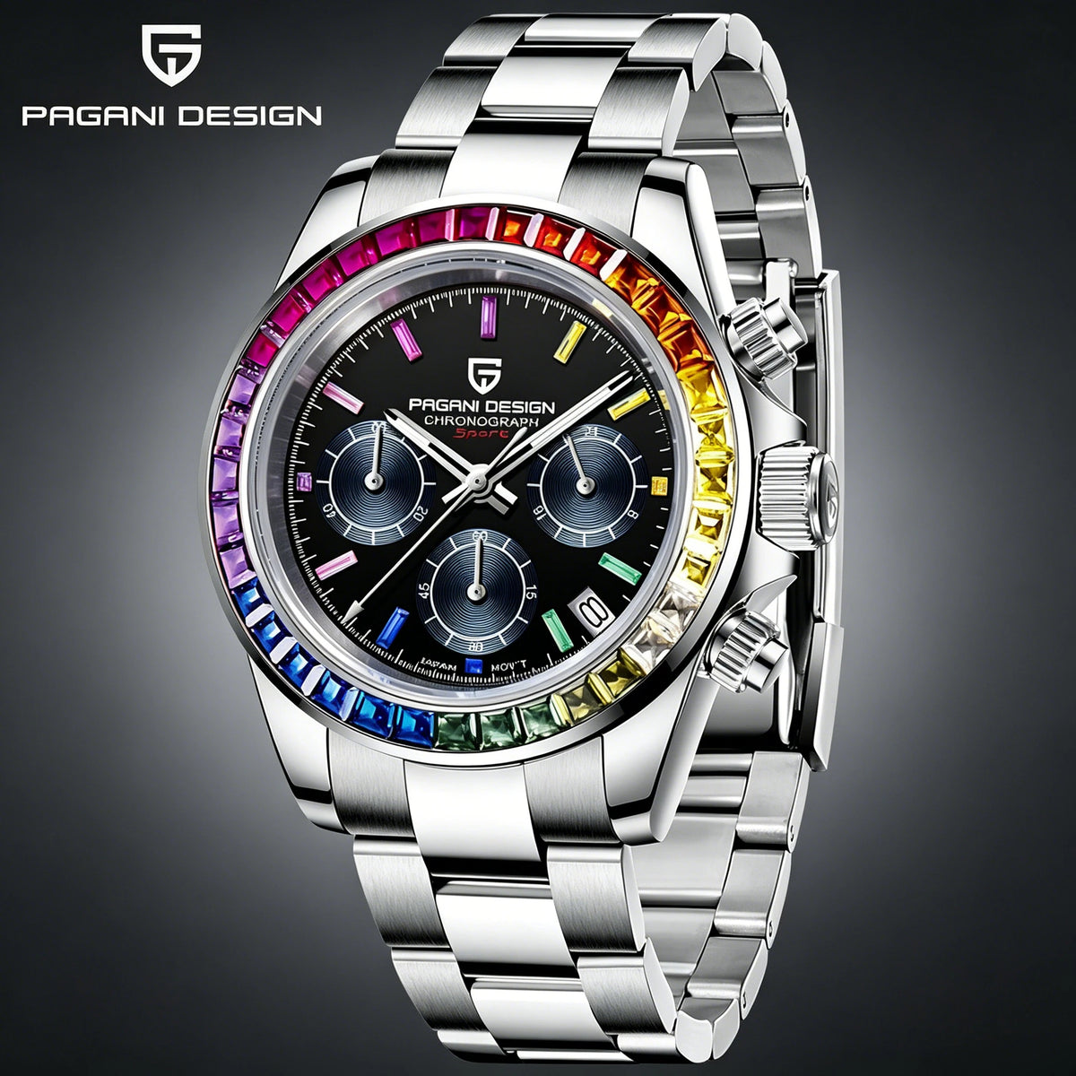 PAGANI DESIGN New 40MM Men Quartz Watch Rainbow Bezel VK63 Sapphire ChronographStainless Steel 100M Waterproof Men Watch