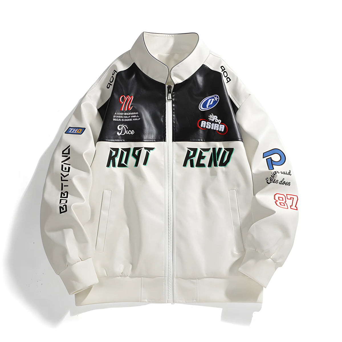 Men's retro racing style PU leather jacket Color blocking patchwork badge pattern stand up collar loose fit Motorcycle Street