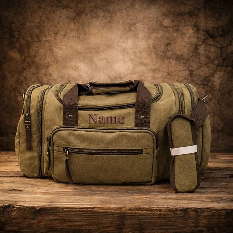 Personalized Custom  Canvas Duffle Bag Men's Monogrammed Overnight Weekender Expandable Gym Bag