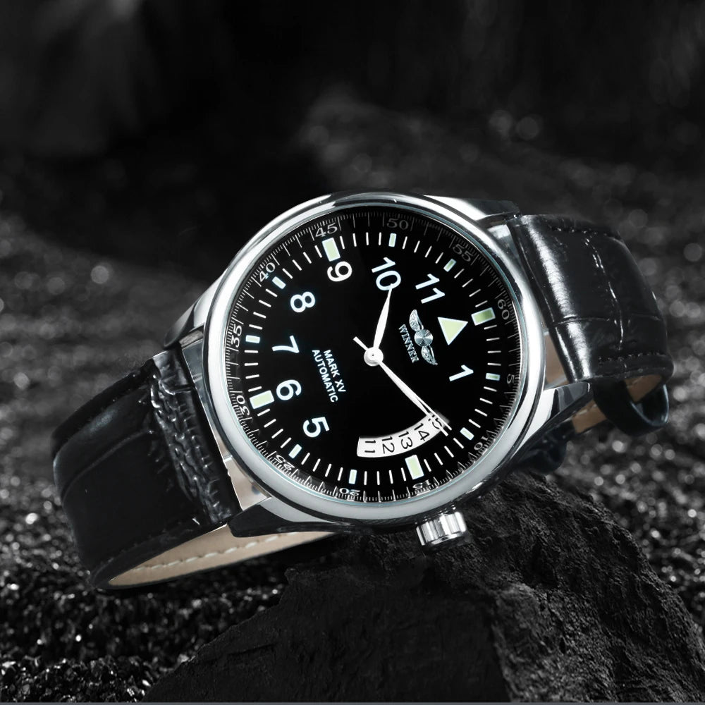 WINNER Business Automatic Watch for Men  Black Dial Fashion Leather Strap Luxury Brand Mechanical Watches