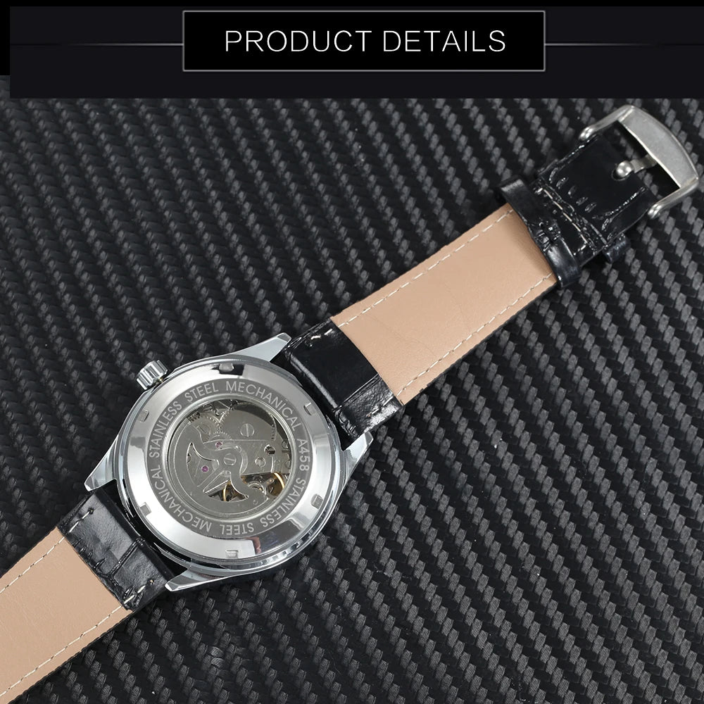 WINNER Business Automatic Watch for Men  Black Dial Fashion Leather Strap Luxury Brand Mechanical Watches