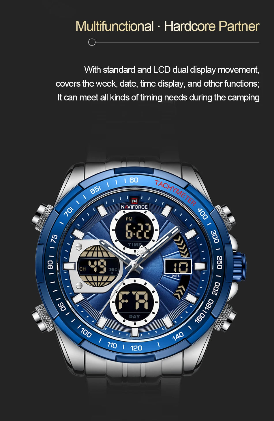 NAVIFORCE 9197  Classic Men's Watch Quartz Digital Military Sport Silver Stainless Steel Wristwatch