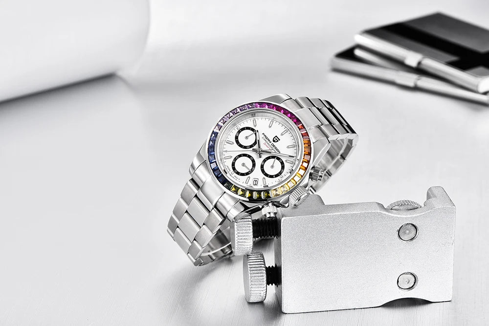 PAGANI DESIGN New 40MM Men Quartz Watch Rainbow Bezel VK63 Sapphire ChronographStainless Steel 100M Waterproof Men Watch