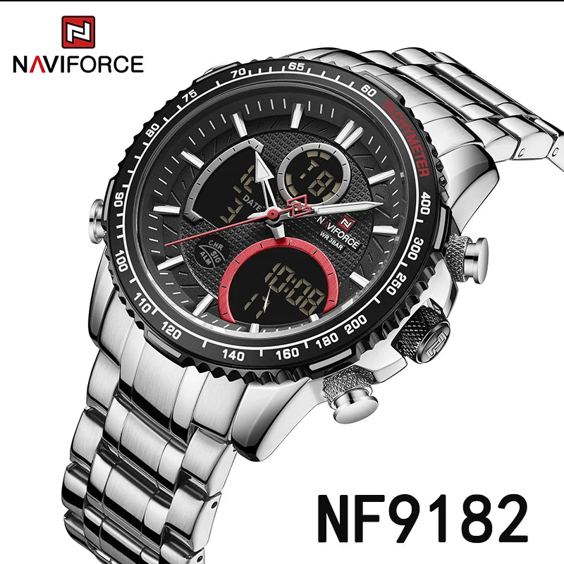 NAVIFORCE  Watch Men Stainless Steel Sport Male Clock Digital Quartz Army Waterproof Wristwatch