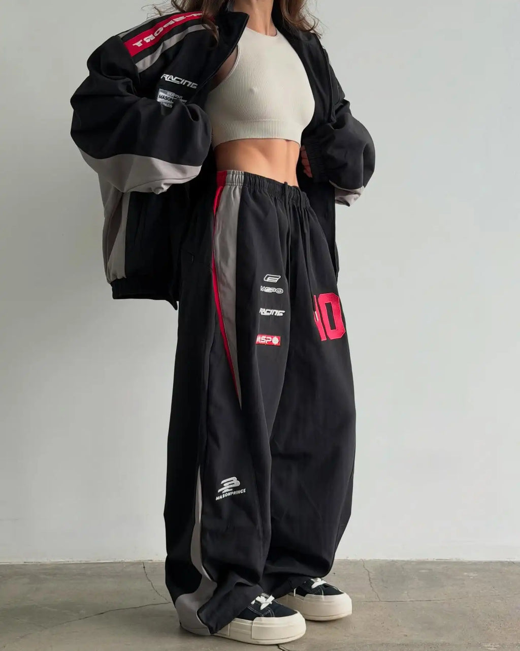 Men and Women Hip Hop Motorcycle jacket Stand Up Collar Bomber Jacket Casual Jogger Wide Leg Pants Set