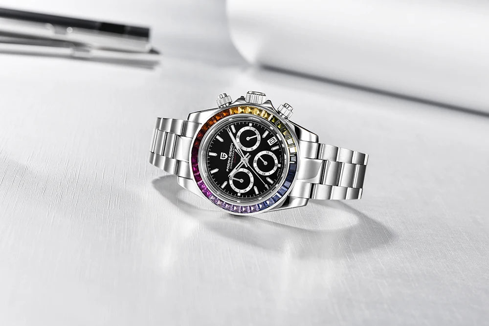 PAGANI DESIGN New 40MM Men Quartz Watch Rainbow Bezel VK63 Sapphire ChronographStainless Steel 100M Waterproof Men Watch