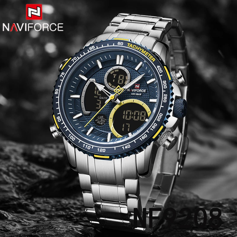 NAVIFORCE  Watch Men Stainless Steel Sport Male Clock Digital Quartz Army Waterproof Wristwatch