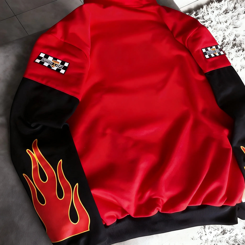 Men Red Flame Lightning McQueen 95 Racing Bomber Jacket Vintage Rusteze Print Motorcycle Baseball Coat Hip Hop Streetwear