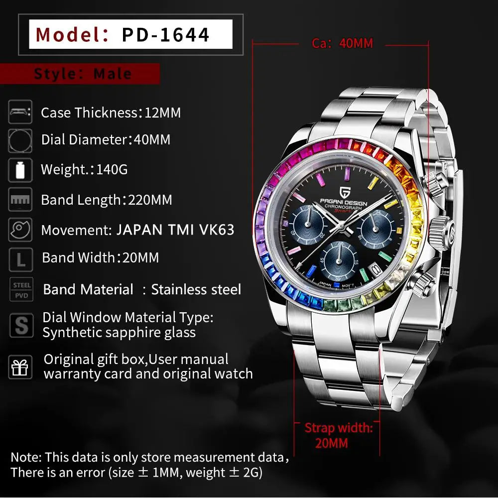 PAGANI DESIGN New 40MM Men Quartz Watch Rainbow Bezel VK63 Sapphire ChronographStainless Steel 100M Waterproof Men Watch