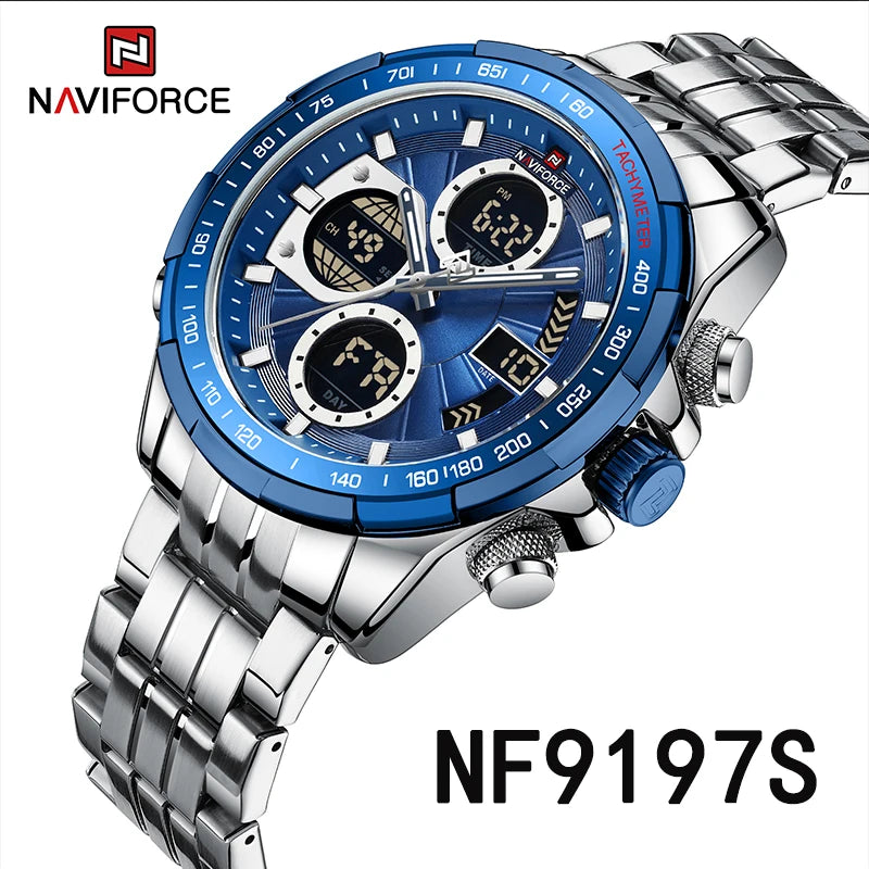 NAVIFORCE 9197  Classic Men's Watch Quartz Digital Military Sport Silver Stainless Steel Wristwatch