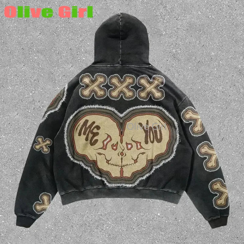 Outerwear Harajuku Fashion Retro Skull Print Hoodie Streetwear Hooded for Men's and Women's