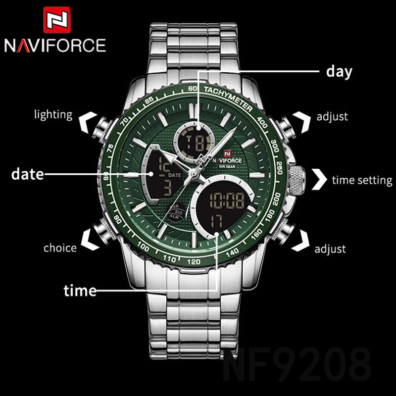 NAVIFORCE  Watch Men Stainless Steel Sport Male Clock Digital Quartz Army Waterproof Wristwatch