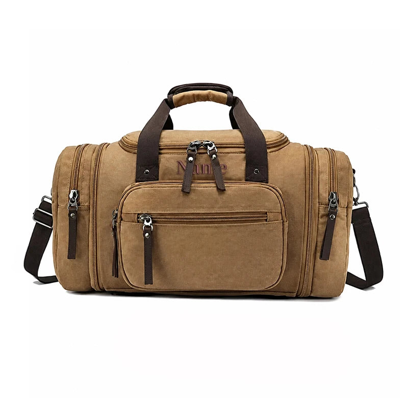 Personalized Custom  Canvas Duffle Bag Men's Monogrammed Overnight Weekender Expandable Gym Bag