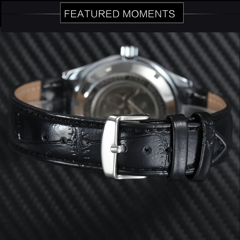 WINNER Business Automatic Watch for Men  Black Dial Fashion Leather Strap Luxury Brand Mechanical Watches