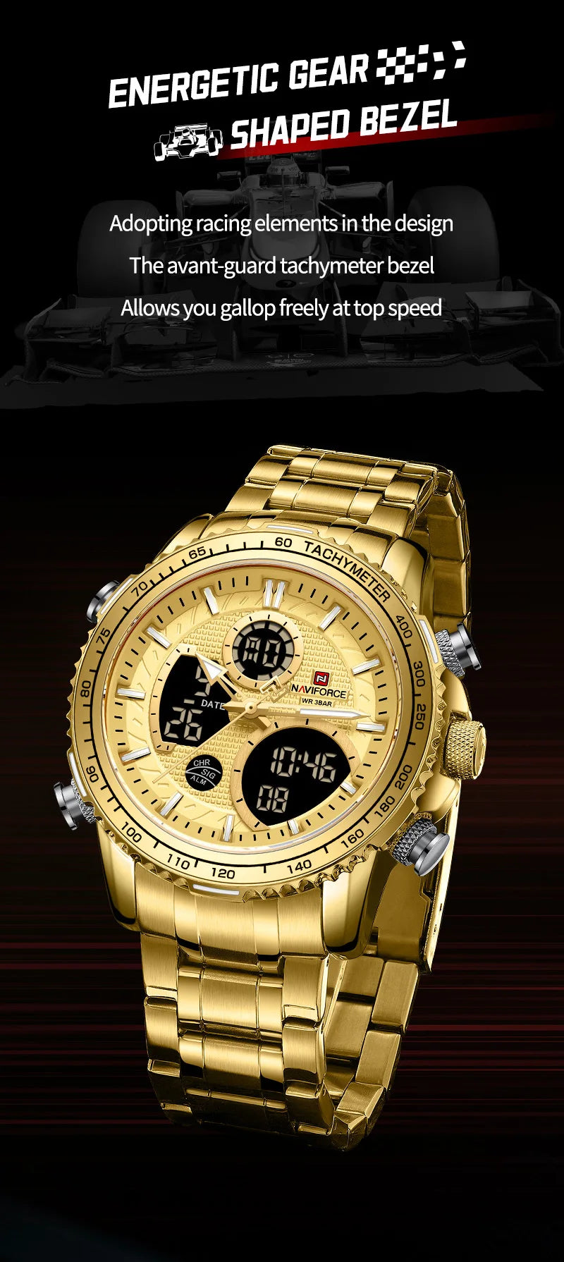 NAVIFORCE  Watch Men Stainless Steel Sport Male Clock Digital Quartz Army Waterproof Wristwatch